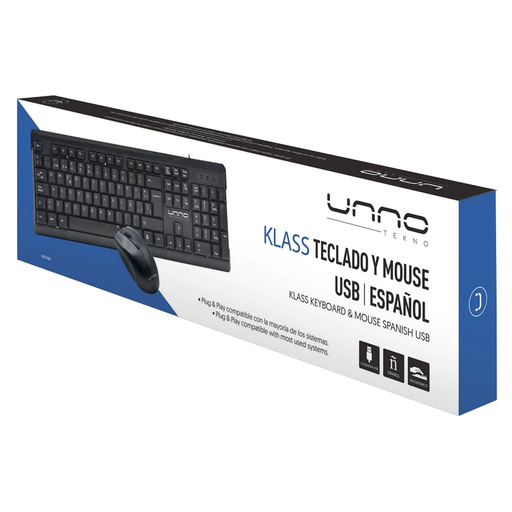 Kit de Teclado en Español y Mouse USB, KLASS, Unnotekno, KB6721BK, 1 año de garantia.