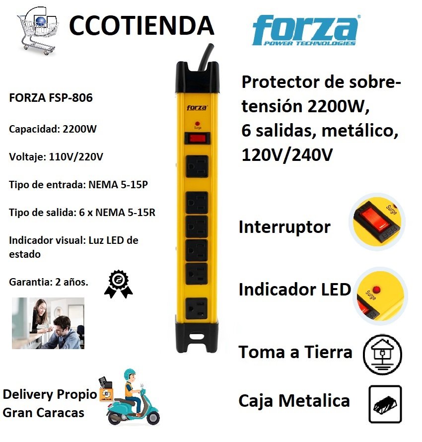 Protector de Sobre-Tension, Regleta Forza FSP-806, 1200J/ 2200W, 6 salidas, Metalico, 120v-240v