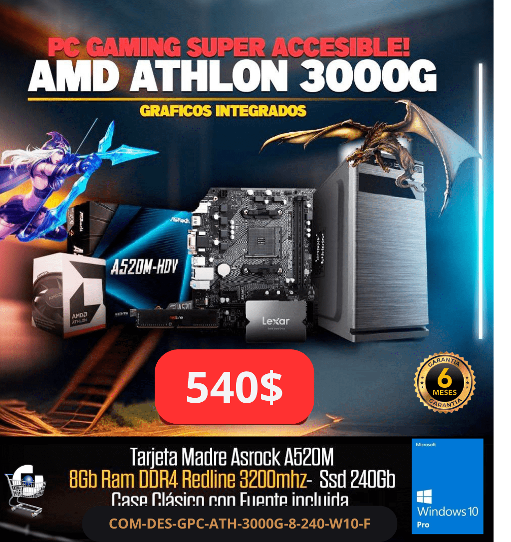 Computadora Ensamblada, AMD Athlon 3000G, 8GB, SSD Sata 240Gb, Chasis Clasico, Win 10 Pro