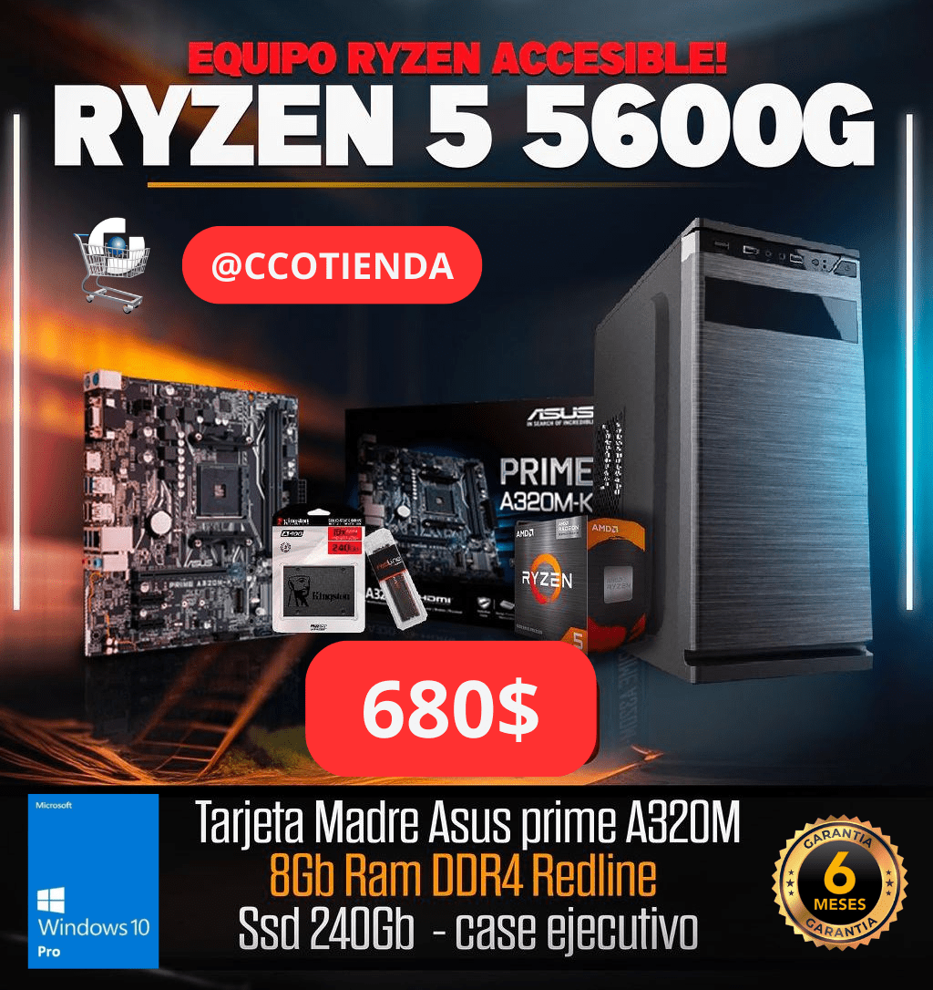 Computadora Ensamblada, AMD Ryzen 5-5600G, 8GB, SSD Sata 240Gb, Chasis Clasico, Win 10 Pro